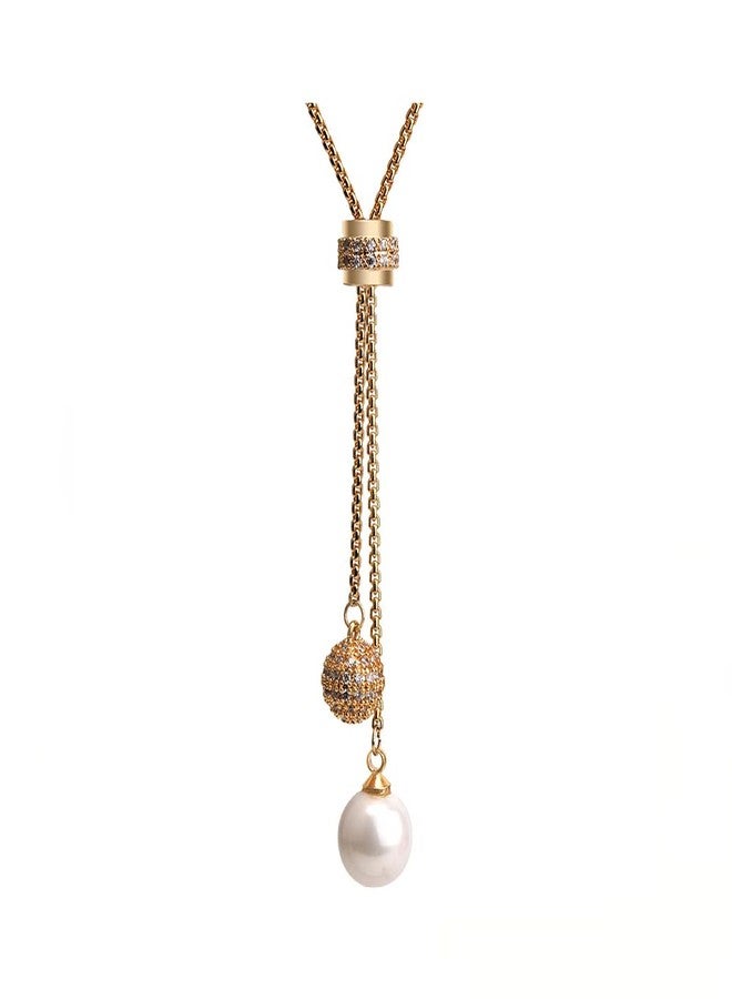 eartif Pearl Pendant Long Necklace for Women Sweater Chain Statement Necklace Choker Adjustable Elegant Jewelry Crystal Accessories Dressy Collocation Winter Evening Party Wedding (Gold, Adjustable) - Image 1